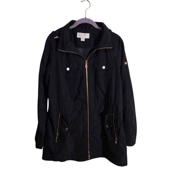 Michael Michael Kors Anorak Raincoat Black Gold Logo Hardware Full Zip Size M - Picture 2 of 14